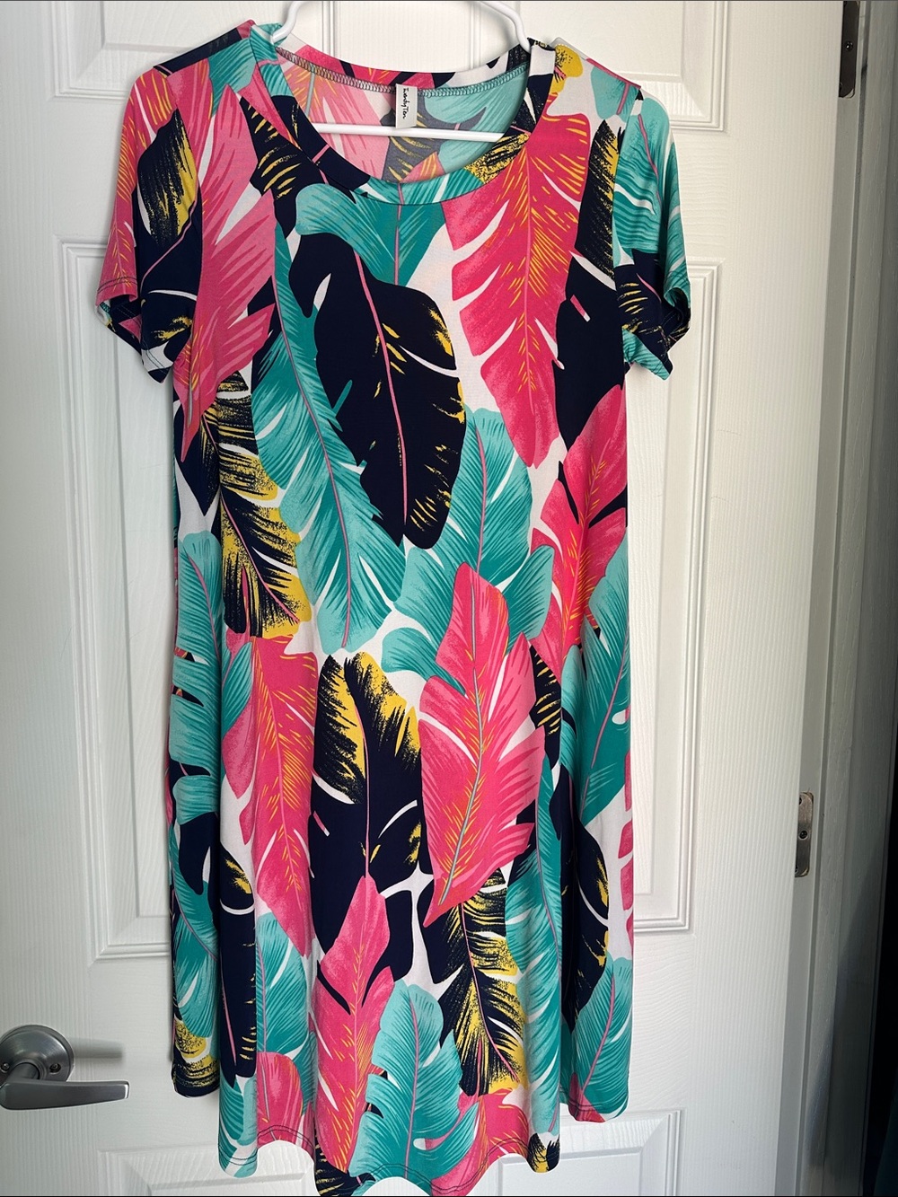 Bright Tropical Leaf Midi Dress in Pink, Teal & Blue